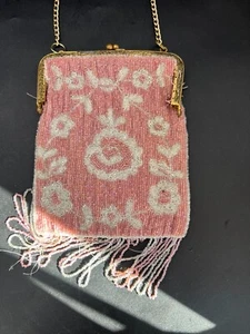 Rosa antike viktorianische edwardianische Flapper Glasperlen Handtasche wie abgebildet - Bild 1 von 9