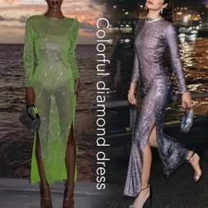 Womens See Through Rhinestone Glitter Side Slit Dress Party Long Fishnet Dress - Picture 1 of 18