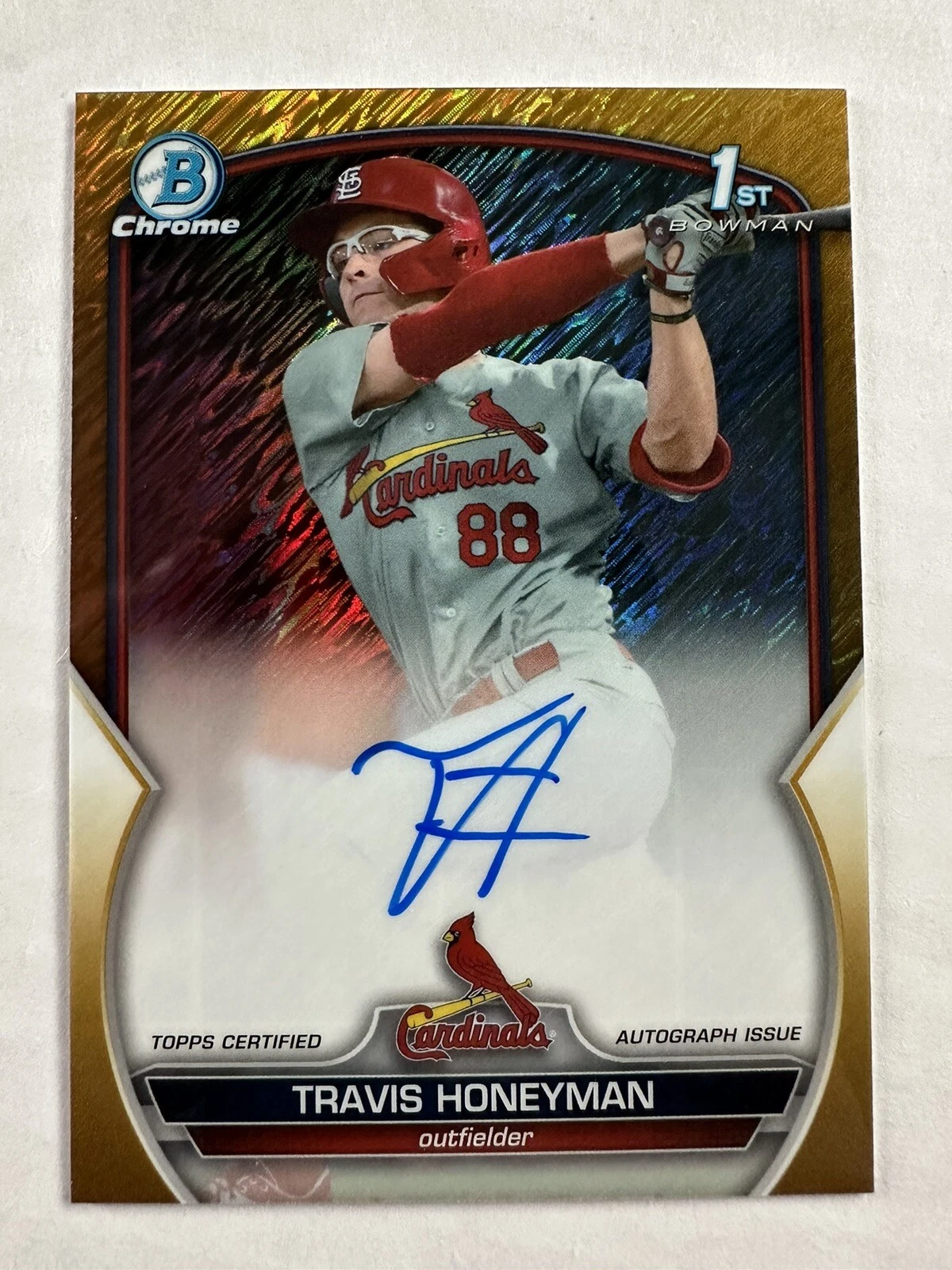 /50 TRAVIS HONEYMAN 2023 BOWMAN CHROME DRAFT 1ST GOLD SHIMMER AUTO CARDINALS🔥