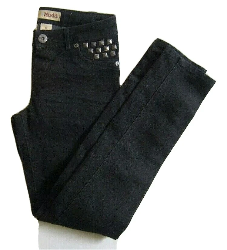 Pantalones de mezclilla ajustados Mudd para niñas negros con bolsillo tachonado pierna recta juvenil talla 12 Foto 1 de 4