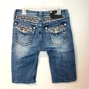 Miss Me Jeans Bermuda Shorts Big Girls 16 Embellished Pockets Back Silver Pearls - Picture 1 of 6
