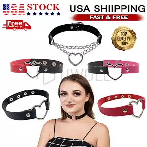 Leather Choker Necklace Adjustable Heart Chain Neck Collar Gothic Punk Gift - Picture 1 of 14