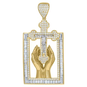 10k Two Tone Gold Cubic Zirconia Praying Hand Crucifix Cross Charm 20.1g Pendant - Picture 1 of 3