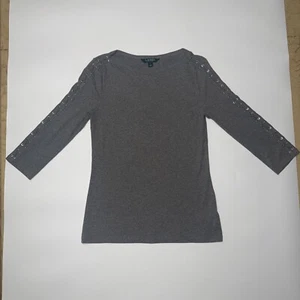 Lauren Ralph Lauren Top Womens Medium Gray Criss Cross Sleeve Boat Neck Pullover - Picture 1 of 5
