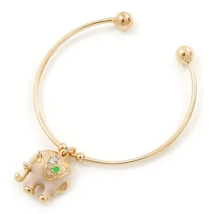 Goldton Slipper Manschette Armband mit weißer Emaille Elefant Charm - 19 cm L - Bild 1 von 4