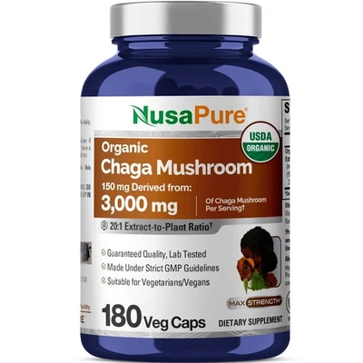 Extracto de hongo NusaPure Chaga 20:1, 150 mg equivalente a 3.000 mg por vegetal Foto 1 de 4