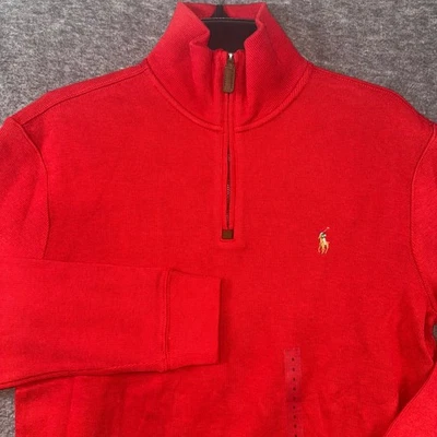 Ralph Lauren Red Quarter Zip Pullover Sweatshirt Mens Small Flesh Pony Logo NEW - Image 1 of 4