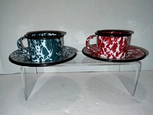 Set Of 2 Green & Red Splatter Enamelware Small Mugs And Plates Never Used - Picture 1 of 12