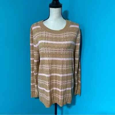 Isaac Mizrahi Live! Suéter Pullover L Marrón Rosa Claro Rayas Cuadros Cuello Redondo Foto 1 de 4