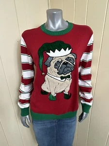 Ugly Christmas Sweater Mens Size Large Dog Pug in hat Red Green White Embroider - Picture 1 of 14