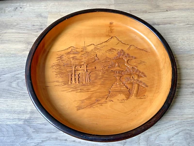 Japanese Carved Wood Tray Temple Gate Pine Tree Itsukushima Shinto Shrine - Image 1 of 4