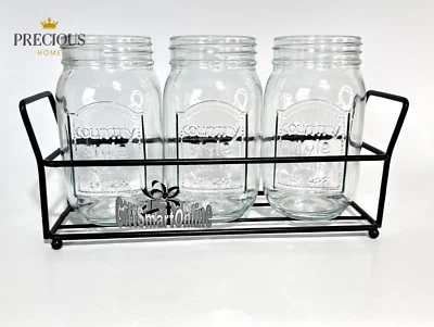 PRECIOUS HOME Flatware Caddy 4pc set Three Glass Mason Jars + 1 Black Metal Caddy w/Handles