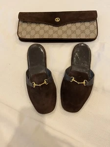 Authentic Gucci Vintage GG Monogram Brown Suede Slippers & Bag Clutch 36 6 - Picture 1 of 12
