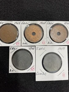 DENMARK 5 PIECE LOT OF HIGH GRADE FIVE ORE 1907, 1928, 1939, 1945, 1957 - Picture 1 of 12
