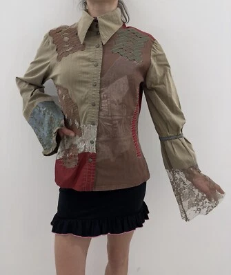 Save The Queen y2k Blusa Algodón Boho Italia Avantgarde Camisa Patchwork Talla M Foto 1 de 4