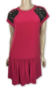 Thakoon 100% Silk Shift Dress Dark Pink w/ Black Lace Cap Sleeve Drop Waist - Picture 1 of 7