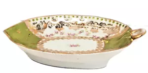 Antique Royal Austrian Open Salt or sauce dish Green/Gold White Roses loop handl - Picture 1 of 6