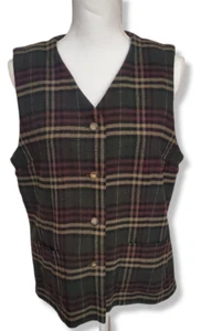 Eddie Bauer Vest 100% Wool Plaid Buttonfront Lined w/Pockets Womens Size L - Picture 1 of 6