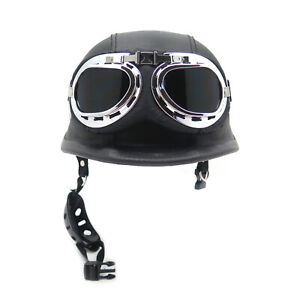 DOT German Black Leather Motorcycle Half Face Helmet Biker Pilot Goggles XL