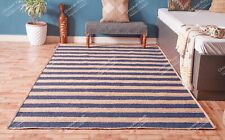 Hand Braided Rectangle Beige Jute Rug With Navy Blue Stripes Line Decor Room Rug