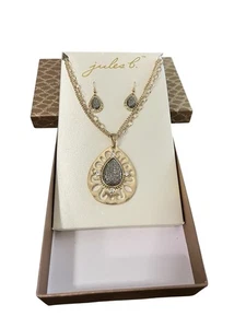 Jules B Costume Jewelry Set Pierced Earrings & Double Chain Adjustable 16” Neck - Picture 1 of 6