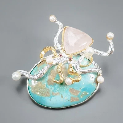 Broche hecho a mano de 45 quilates + turquesa natural plata de ley 925/NB30451 Foto 1 de 4