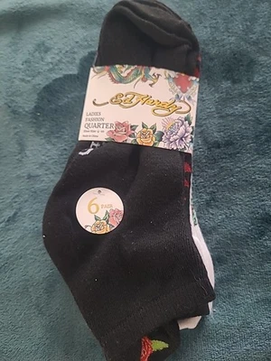 Ed Hardy 6 pares de calcetines de moda cuartos talla 4-10 negro blanco gris mujer nuevos Foto 1 de 4