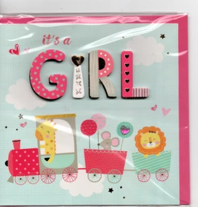 carte Naissance It's a girl relief train animaux 15 x 15 cm - Imagen 1 de 2