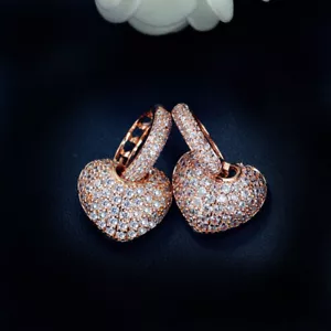 Pendientes huecos de corazón de amor circón cúbico 585 chapados en oro rosa para mujer joyería - Imagen 1 de 8