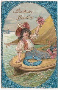 Dame mit Rosen Wellen vom Segelboot ~ Vintage Geburtstag Postkarte ~ Vergissmeinnicht Motiv - Bild 1 von 2