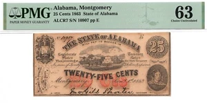 1863 25 Cents State of Alabama, Montgomery veraltet - PMG 63! Wahl Stempelglanz - Bild 1 von 3