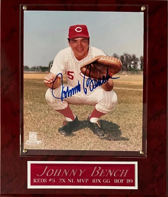 JOHNNY BENCH CINCINNATI REDS AUTOGRAPH SIGNED FRAMED 8X10 PSA PHOTO-12X15 PLAQUE - Image 1 of 4