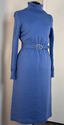 Vestido Vintage Azul Polvoriento 100% Lana Cuello Alto con Mangas Tejidas - Para Mujer Talla 6 Foto 1 de 4