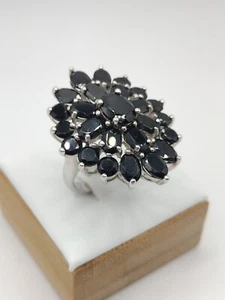 Stunning Sterling Silver Cluster Genuine Black Spinel Ring Size 8.5 - Picture 1 of 7