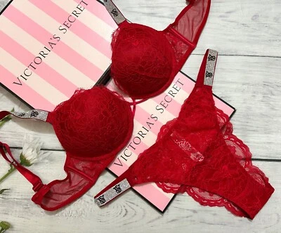 Victoria's Secret Shine Strap VS Logo +2 cups Lace Push Up Bra Brazilian Set Red - Image 1 of 4