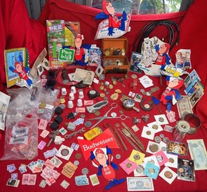JUNK DRAWER LOT SILVER COINS STAMP BB CARD BUDMAN STICKER KNIFE TOOL PIN HKN4137 - Picture 1 of 24