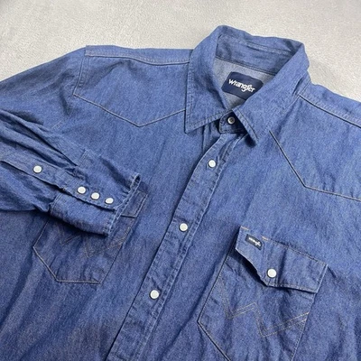 Wrangler Denim Western Shirt Mens 2XL Pearl Snap Blue Long Sleeve Cowboy - Image 1 of 4