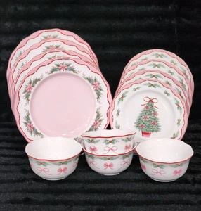 12 PINKMAS Dinner Salad Plates Bowls Pink Bows Christmas Tree Porcelain 222 5th - Picture 1 of 17