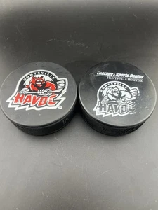 Pair Huntsville Havoc Hockey Pucks Y2K Game Used Free Shipping Alabama SPHL - Picture 1 of 10