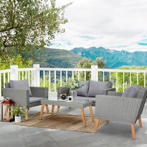 4 Pieces Outdoor Patio Furniture Set, Resin Rattan & Acacia Wood Chairs for Deck - Picture 1 of 8