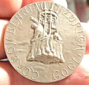 1909 GORDON BENNET BALLONRENNEN ZÜRICH VERSILBERTE MEDAILLE von HUGEUNIN HERVORRAGENDER S-987 - Bild 1 von 4