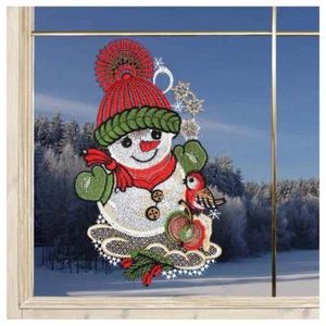 Winter-Fensterbild Schneemann Echte Plauener Spitze Weihnachts-Deko Advent 24x15 - Bild 1 von 3