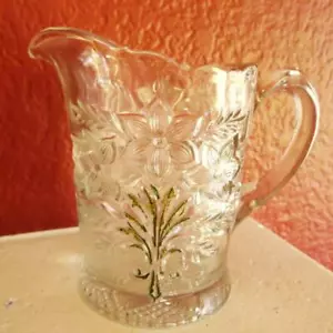 Antique Creamer Floral Pattern Clear Pressed Glass Daffodils Vintage 5" Tall - Picture 1 of 5