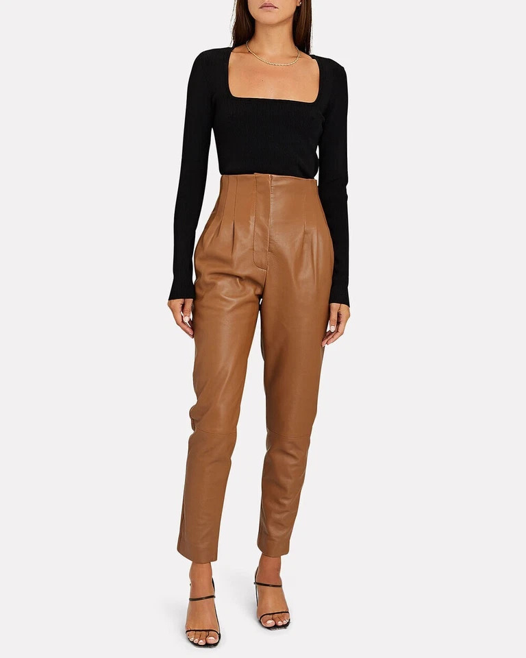 ALBERTA FERRETTI Tapered High-Waist Leather Brown Pants L86816 Size 38 IT/ 4 US - Image 1 of 4
