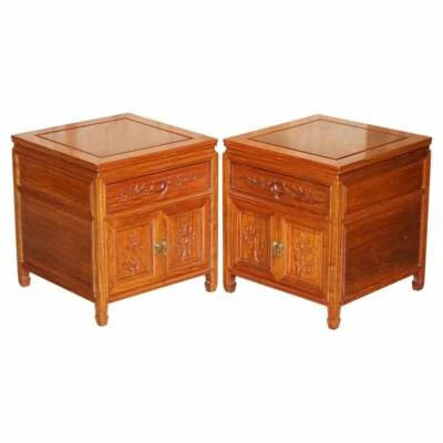 PAIR OF ORIENTAL TEAK SIDE END LAMP WINE TABLES DRAWERS WITH BIRDS & FLOWERS - Image 1 of 4