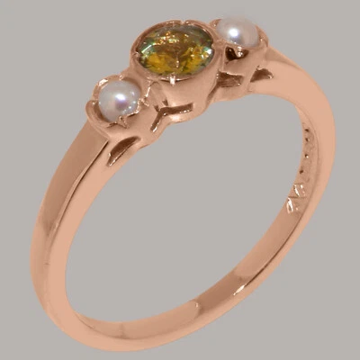 Solid 14k Rose Gold Natural Peridot & Full Pearl Womens Trilogy Ring - Image 1 of 4