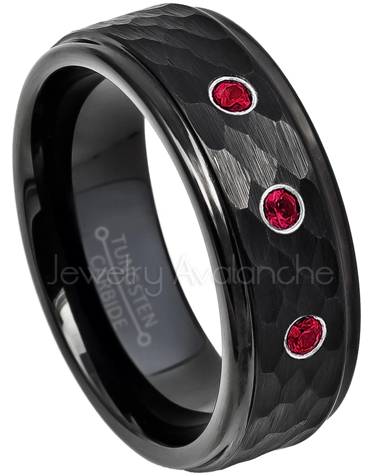 Anillo de tungsteno negro martillado 0,21 ctw rubí anillo de 3 piedras anillo de piedra de nacimiento de julio #614 Foto 1 de 1