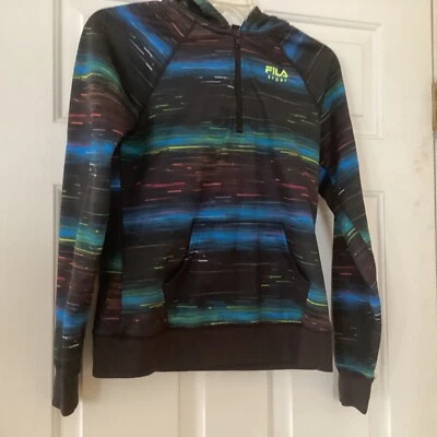 Fila Hoodie Youth Extra Large Sport Pullover Half Zip Pocket Neon Stripe Black - Image 1 of 4