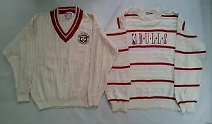 2 VINTAGE MADE IN USA JORDAN ERA NUTMEG NBA CHICAGO BULLS SWEATERS BOTH SIZE L. - Picture 1 of 12