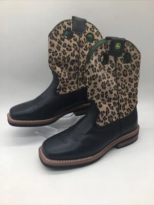 John Deere“Growin Like A Weed”Leather Leopard Cowgirl/Boy Boots Sz.5.5M JD3310 - Image 1 of 4